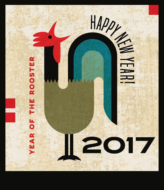 Happy New Year Greeting Card With Stylized Crowing Rooster Won Institute