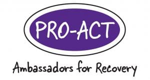 the proact logo is purple and white and says ambassadors for recovery .